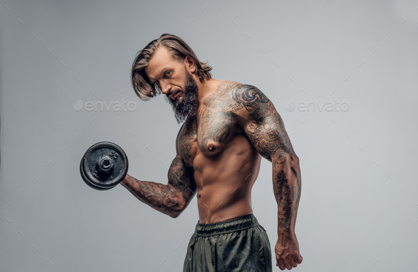 Shirtlessmale With Holds Dumbbell Stock Photo By Fxquadro Photodune